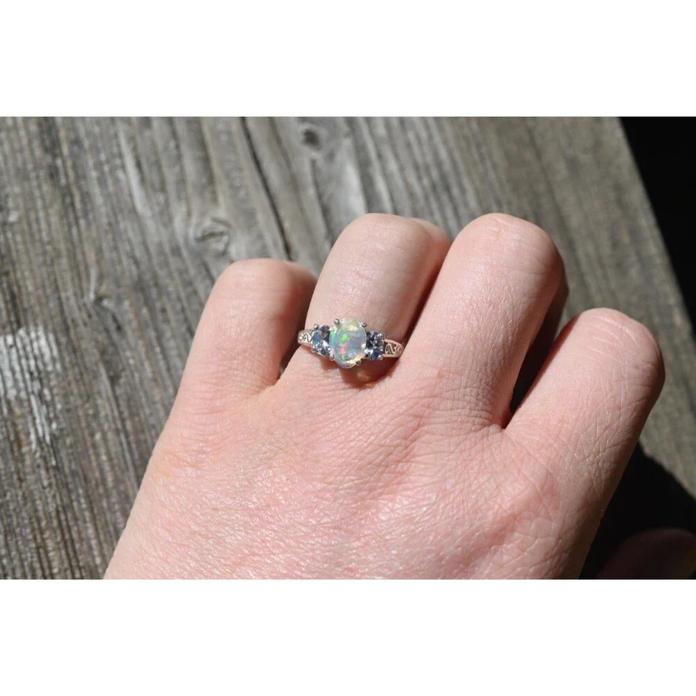 Ethiopian Opal and Tanzanite Ring Sterling Silver Oval Opal , October Birthstone